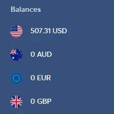 Multi-currency account balance screen used to receive money from abroad