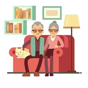 Illustration of a retired couple sitting on a sofa with a cat beside them in a living room setting.