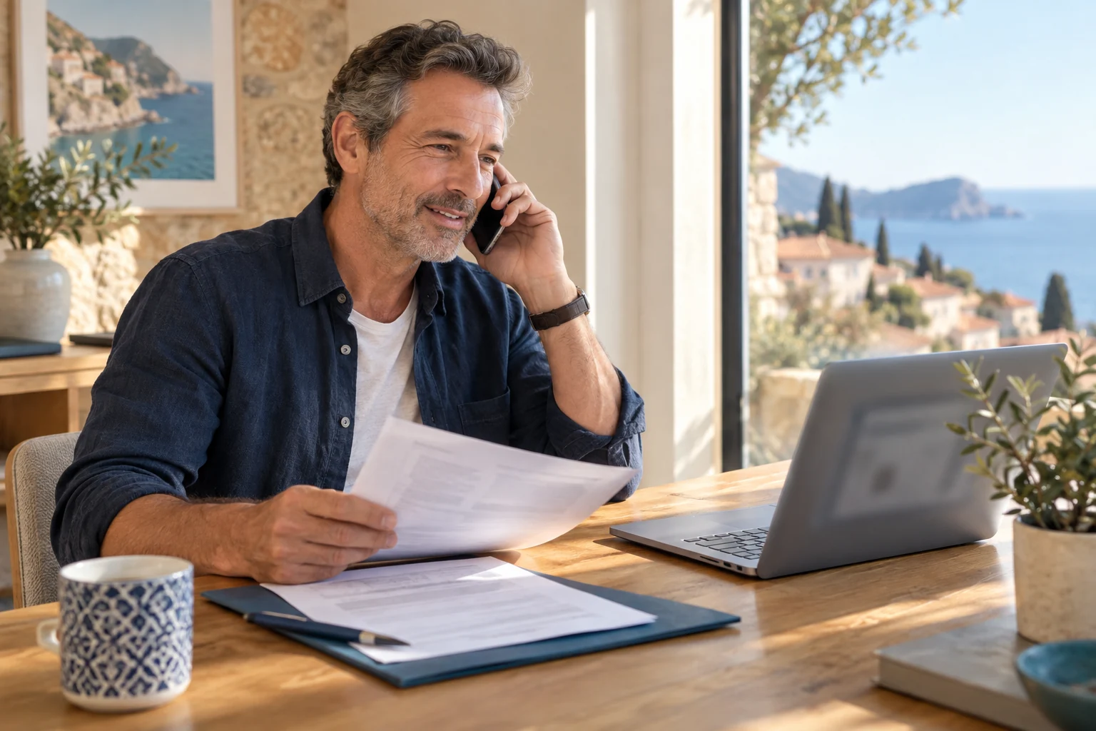Illustration of a property buyer speaking to a currency adviser by phone beside a laptop and paperwork.
